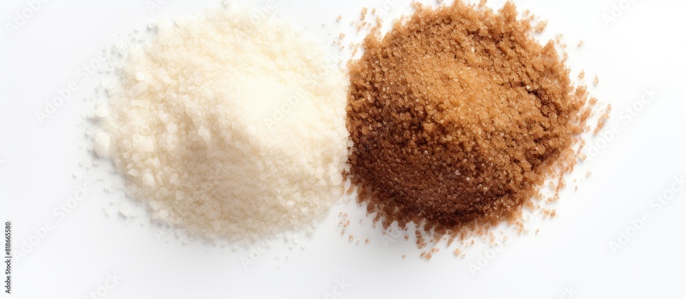 Poster An overhead view of white and brown sugar isolated on a white background with empty space around it for other elements in the image. with copy space image. Place for adding text or design