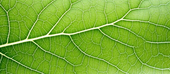 A detailed view of veins on a green leaf with a white background and plenty of space for text or other images. with copy space image. Place for adding text or design