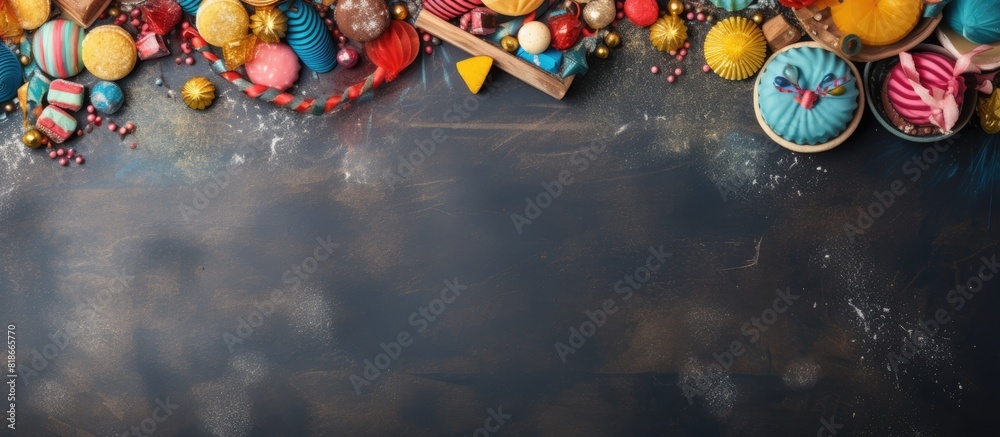 Aufkleber A festive frame for birthdays or carnivals featuring colorful party items against a backdrop of textured stone Perfect for a copy space image 130 characters