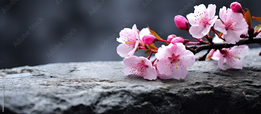 Poster a macro image of a cherry blossom or sakura flower is captured in close up on a stone background off
