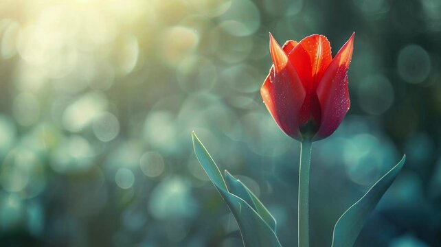 close up  bokeh efect fresh golden tulip bud with splash dew in morning golden hours  image video HD 4K a background for bio diversity  day or tulip time