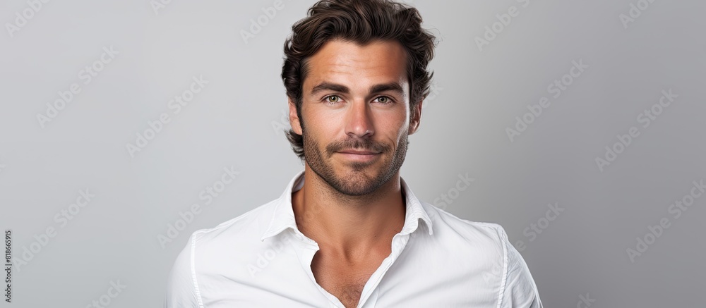 Poster A handsome Caucasian man aged around 30 captured in a studio with a white background posing for a copy space image