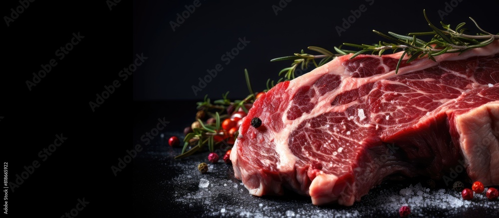 Aufkleber closeup of raw dry aged wagyu beef shoulder clod roast on a black background with ample space to add