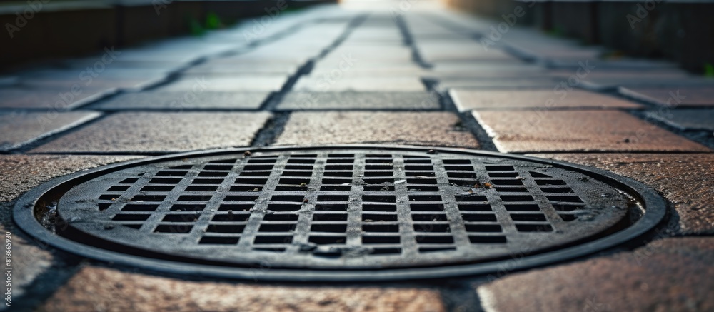Poster a circular metal sewer line plate is positioned to the side against a concrete street or sidewalk pr