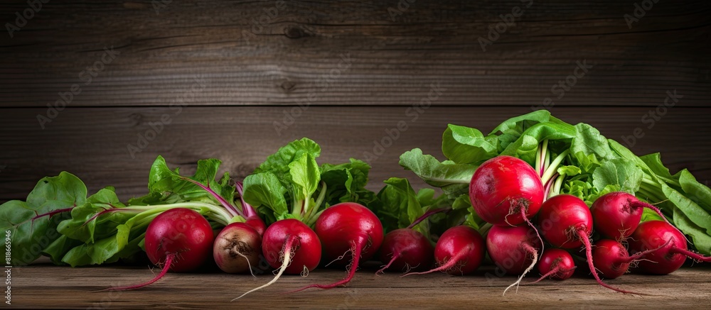 Poster an image of organic food vegetables specifically red radishes placed on a rustic wooden background w