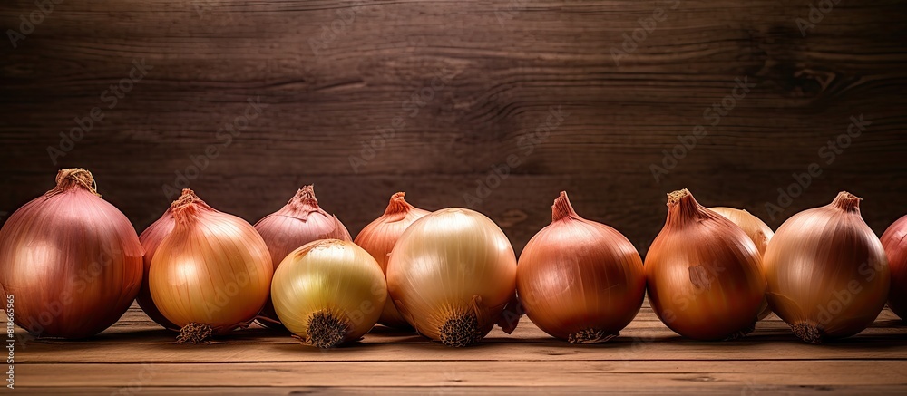 Poster A copy space image of onions arranged on a rustic wooden table