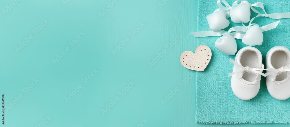 Aufkleber copy space image of aquamarine background with knitted booties for newborn announcement concept acco