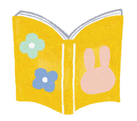 黄色の表紙の絵本のイラスト_うさぎと花