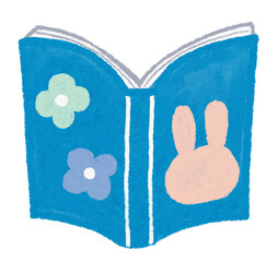 青色の表紙の絵本のイラスト_うさぎと花