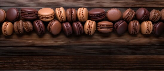 A copy space image of chocolate macaroons arranged in a top view on a wooden background