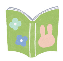 緑色の表紙の絵本のイラスト_うさぎと花