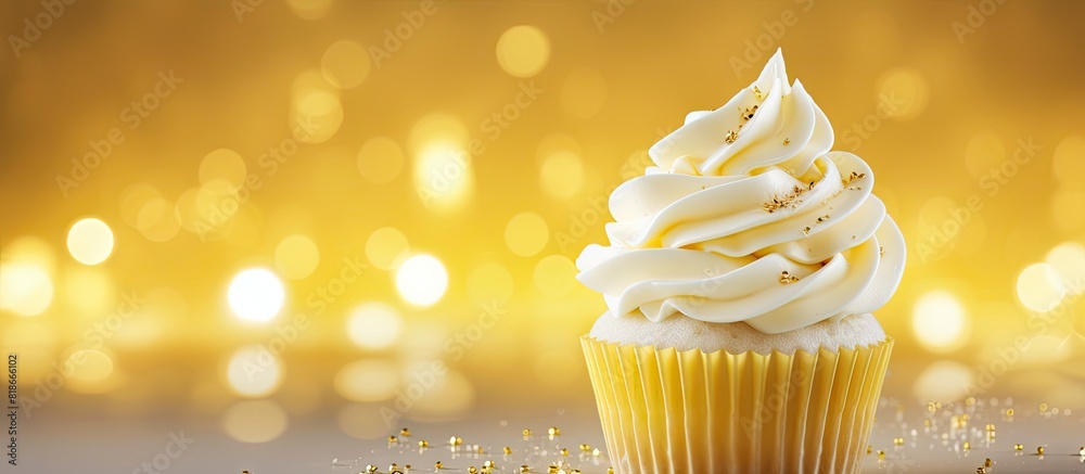 Aufkleber a beautifully decorated lemon cupcake with buttercream frosting white chocolate shavings and a lit c