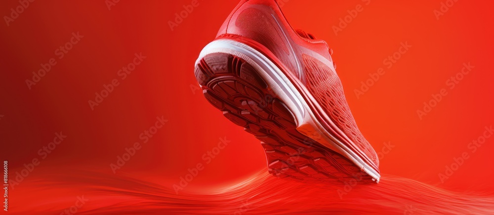 Poster An isolated image of a light running sports shoe s sole on a red background with plenty of copy space