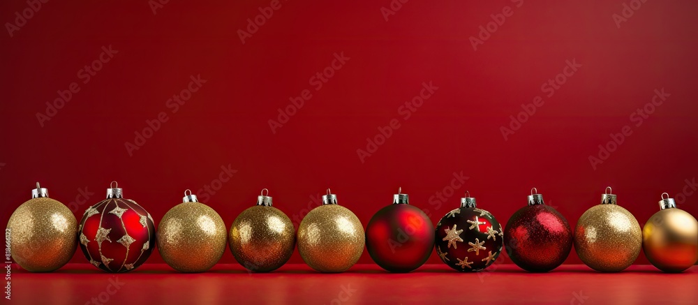 Poster a festive arrangement of christmas tree ornaments against a red backdrop with plenty of copy space f