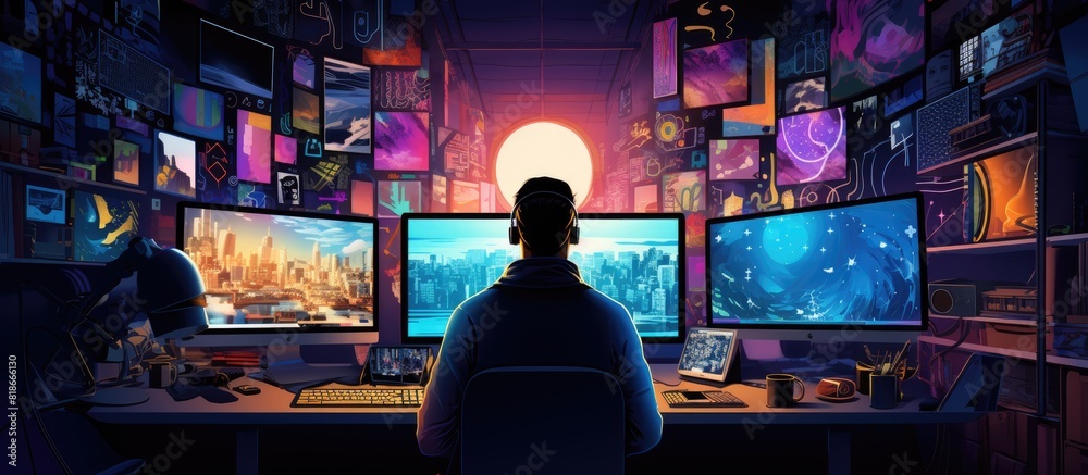 Aufkleber A graphic designer artist is seen immersed in their creative process surrounded by several computer screens each displaying different projects The image also includes ample copy space for adding text