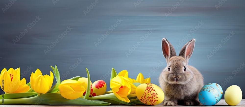 Aufkleber An Easter themed arrangement featuring a rabbit colorful eggs and vibrant yellow tulips with ample space available for adding text