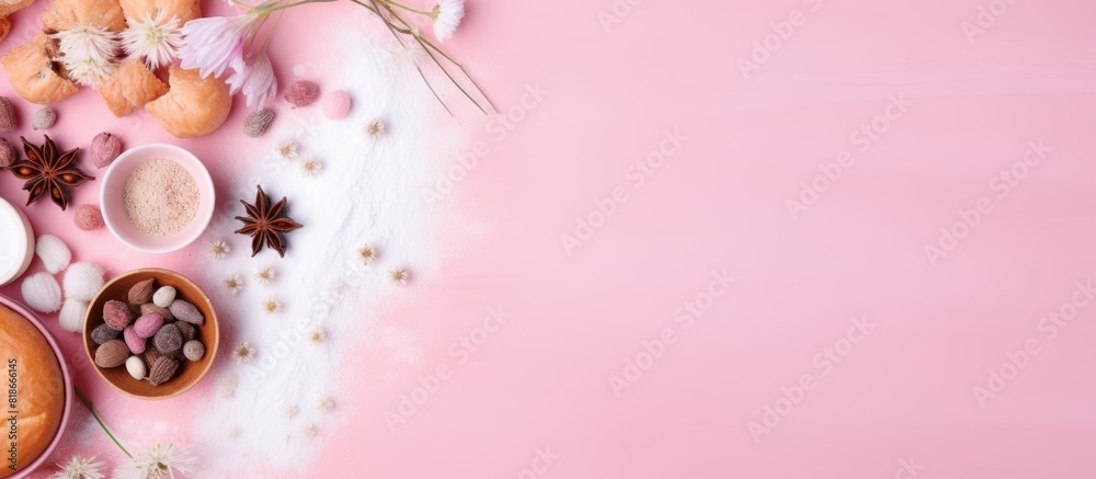 Poster A top down view of a bright pastel pink background adorned with various home baking ingredients creating a visually appealing image with space for text. with copy space image
