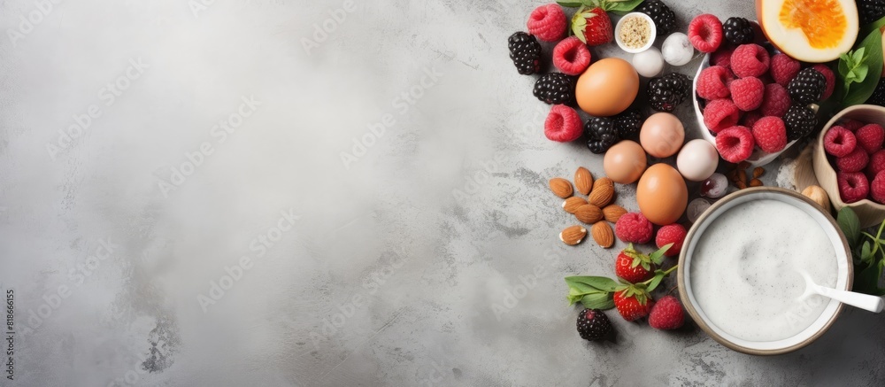 Poster a healthy breakfast concept featuring organic ingredients such as berries milk eggs and oatmeal the 