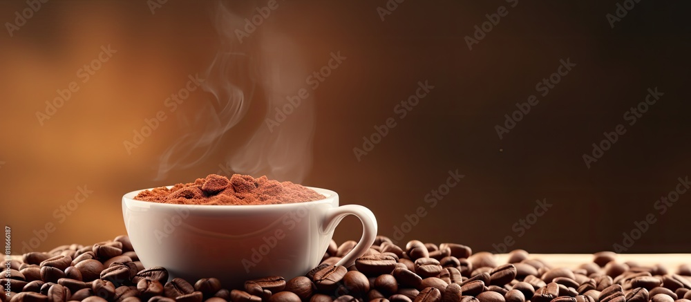 Poster coffee beans in a cup placed on a copy space image of coffee beans