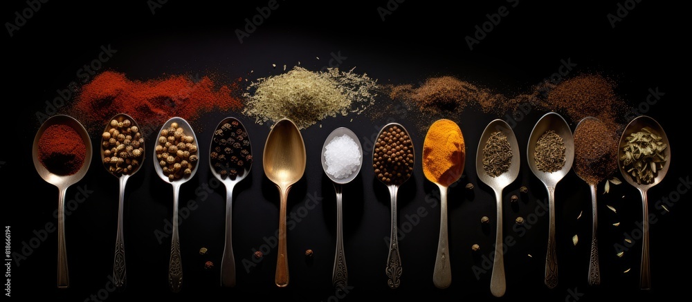 Poster A copy space image featuring a variety of spices and seasonings arranged neatly in spoons against a dark backdrop