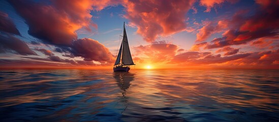An epic seascape with colorful glowing golden clouds illuminating the dramatic sunset sky above the still water surface The copy space image captures the texture up close offering a view from the yac