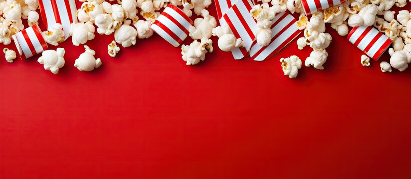 A flat lay composition featuring a border of popcorn and a copy space image set against a background of red and white stripes