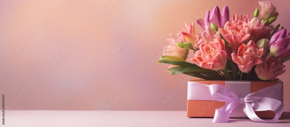 Poster a copy space image displaying a bouquet of flowers and a beautifully wrapped gift box symbolizing th