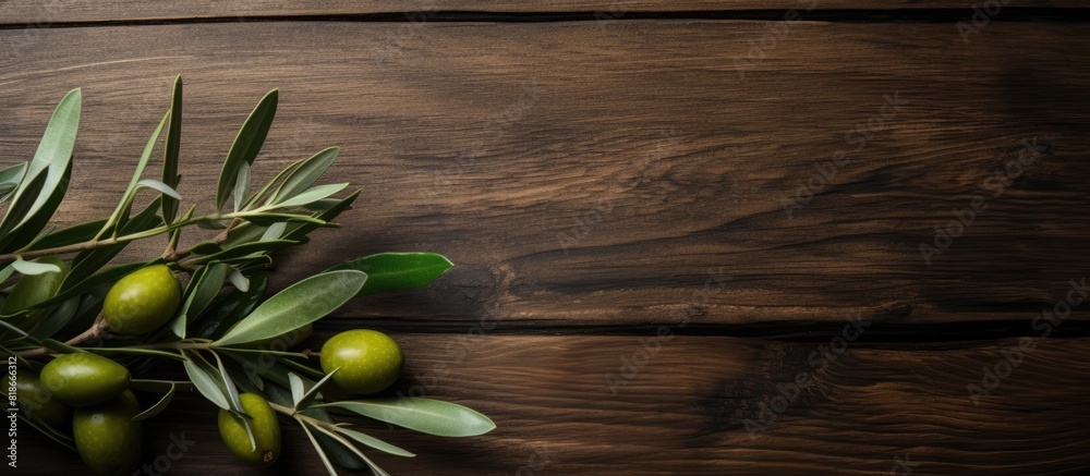 Poster an olive branch adorned with lush leaves against a rustic wooden backdrop providing ample space for 
