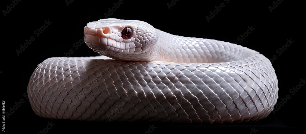 Poster Black Albino Rat Snake in a coiled position isolated against a black background with a clipping path for easier removal from the image. with copy space image. Place for adding text or design