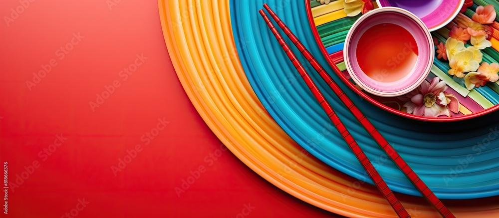 Poster colorful background with chinese chopsticks and plates providing ample copy space image