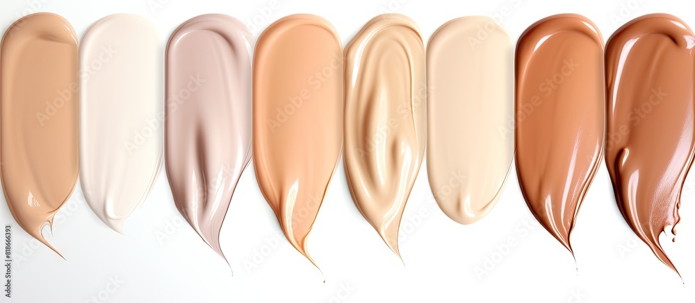 Aufkleber Collection of liquid foundation in various shades depicted on a white background with ample copy space image