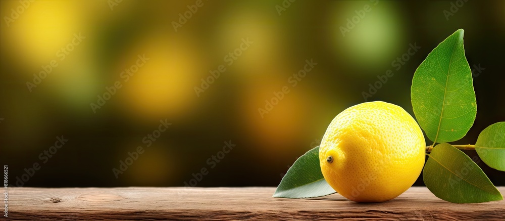 Poster a fresh and ripe lemon fruit accompanied by a leaf placed on a wooden surface providing ample space 