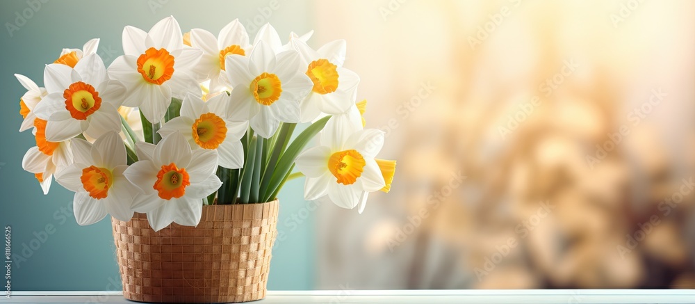 Poster a copy space image of white double daffodils beautifully arranged in a basket sitting on the windows