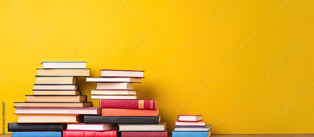 Fototapete A colorful stack of books rests on a yellow background providing ample blank space for text This image embodies the concepts of Teacher s Day knowledge literature reading and erudition