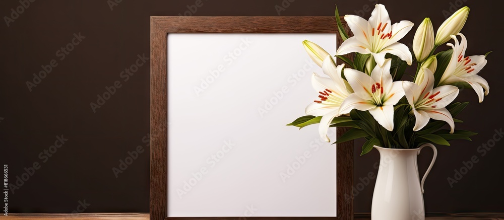 Poster A mockup of a dark brown frame with a delicate bouquet of lilies and white and black vases The frame is empty serving as a template for presenting modern art Perfect for designing copy space images
