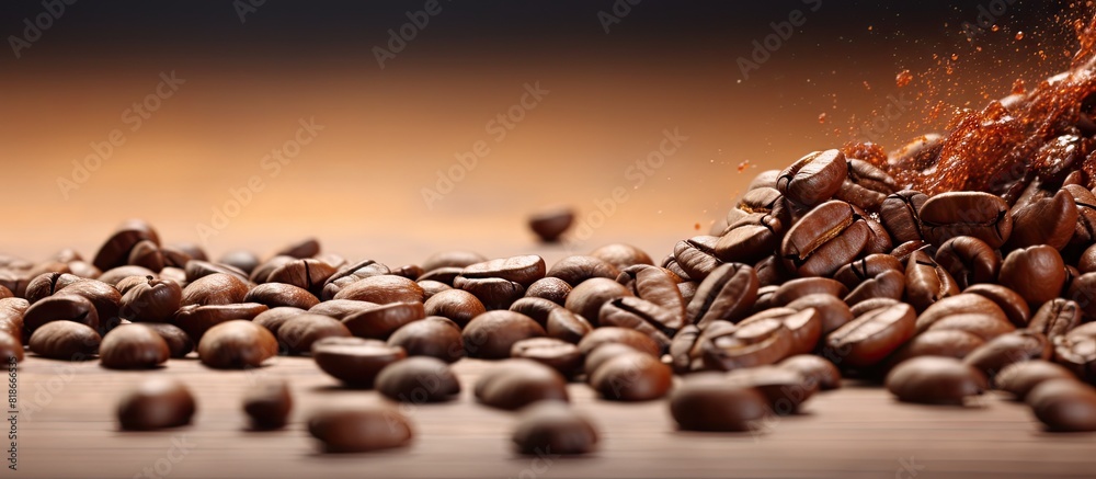 Poster image of coffee beans scattered on a background with copy space