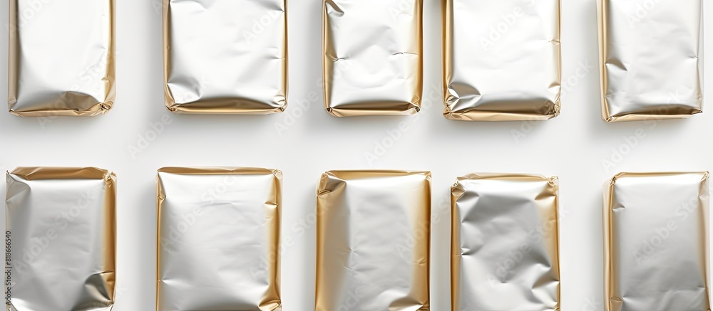 Poster Flat lay image of blank foil packages on a light background creating copy space