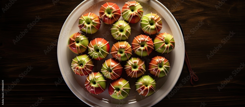 Poster Top view of homemade Halloween candy taffy apples arranged on a plate The image is captured from an overhead perspective providing a flat lay view There s ample space for adding text to the picture