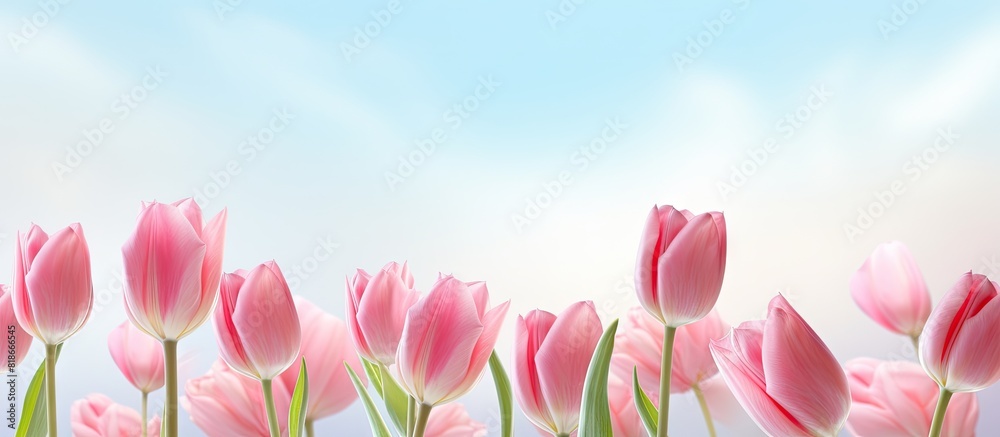 Poster pink tulips are in full bloom creating a beautiful copy space image