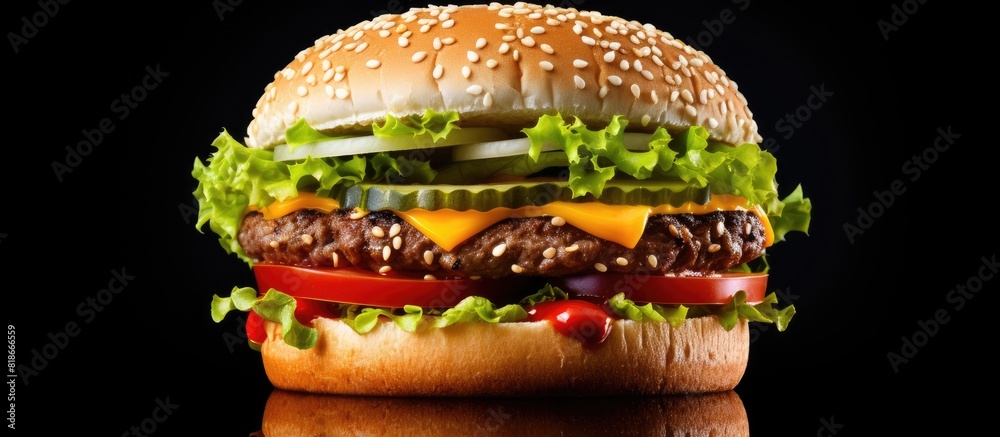 Poster close up copy space image of a hamburger or cheeseburger on a white isolated background featuring a 