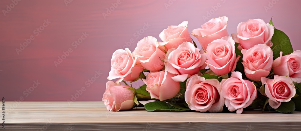 Poster Closeup of a table displaying a bouquet of beautiful fresh roses with copy space image
