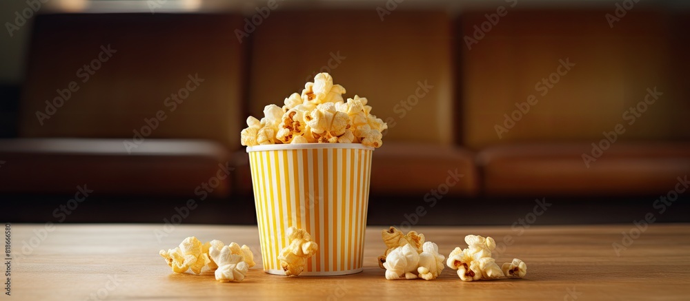 Leinwandbilder The caramel popcorn is displayed in a paper cup set against a backdrop of a Loft with a 35mm film placed horizontally next to it There is a copy space image available 128 characters