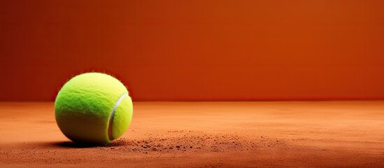 Banner design featuring a tennis ball and racket on a clay court leaving room for text. with copy space image. Place for adding text or design