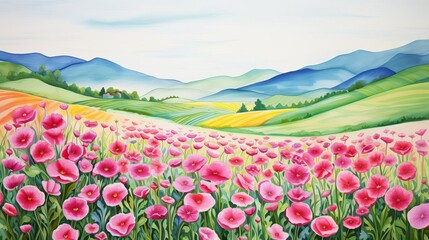 Obraz premium A watercolor illustration of a peaceful flowers field with gentle hills in the background