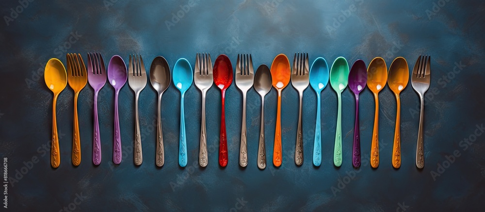 Leinwandbilder Colorful spoon and fork element arranged on a table from a top down perspective creating an appealing flat lay design with ample copy space image
