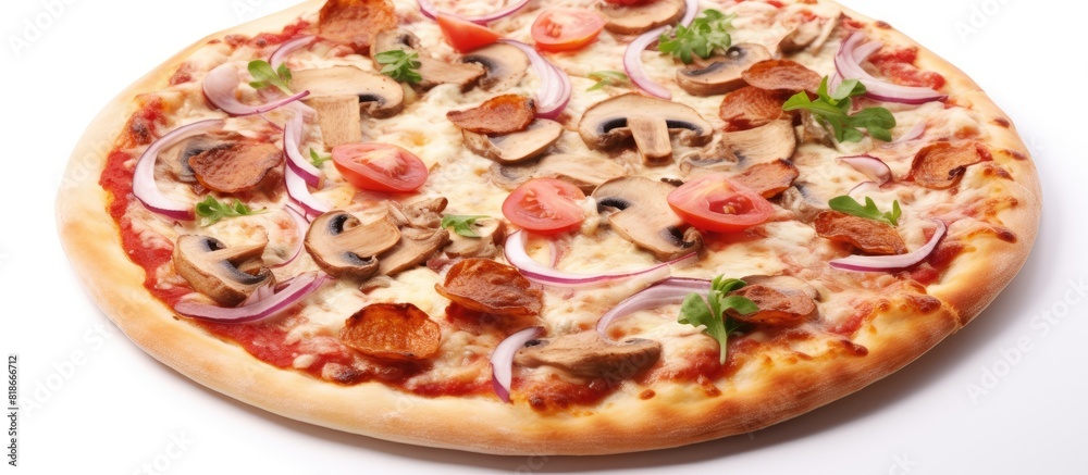 Poster a delicious pizza with its ingredients showcased on a white background leaving ample room for additi