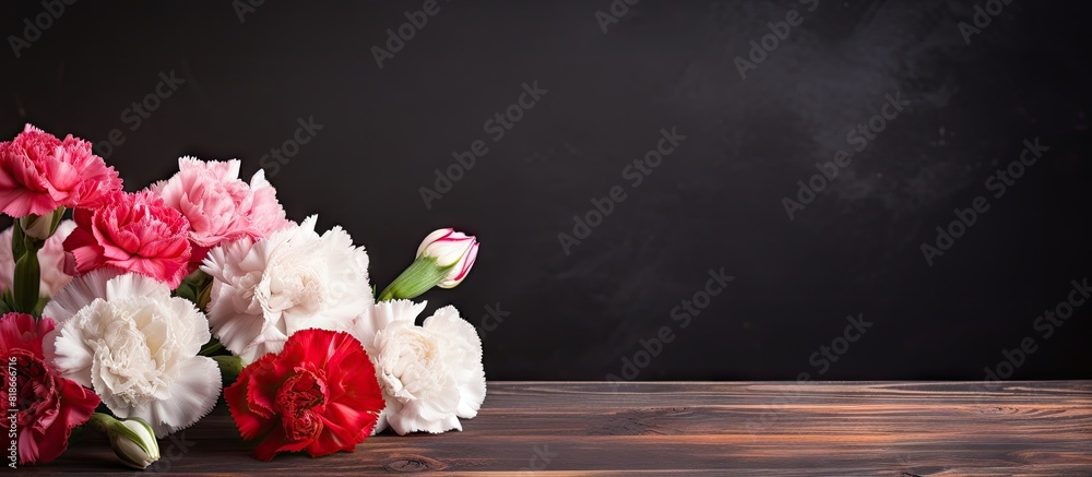 Poster a dark table top adorned with pink red and white carnations providing ample copy space image