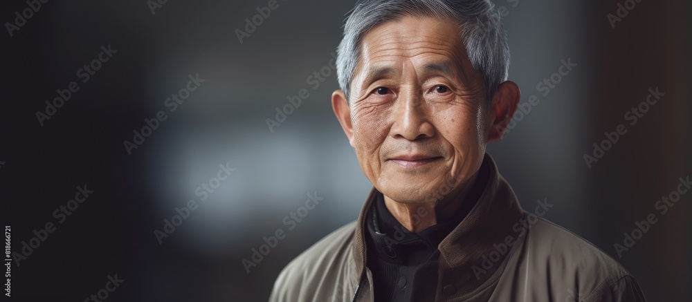 Poster an attractive elderly asian man gazing at the camera with ample copy space in the image