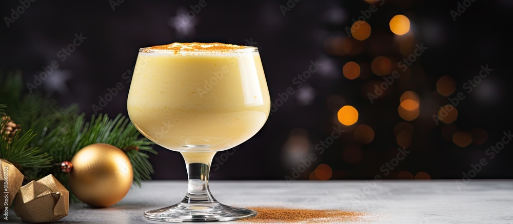 Poster a photograph of eggnog a traditional winter and christmas drink can be seen on a grey table providin