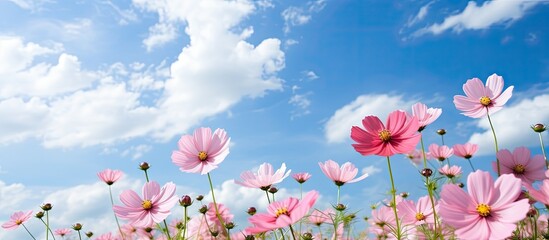 A copy space image of pink cosmos flowers against a picturesque blue sky and cloud background